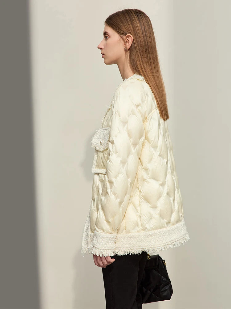 AMII Minimalist Down Puffer Coat For Women Small Fragrance Tweed Jacket 2025 Winter New Spliced Round Neck Pearl Buckle 12344059