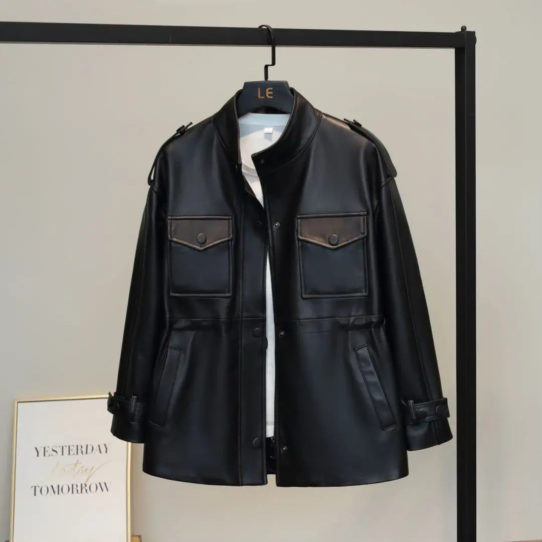 100% Real Sheepskin Jacket Woman Black Stand Collar Genuine Leather Jackets Women New in Outerwears Fall Clothes 2025 Chaquetas