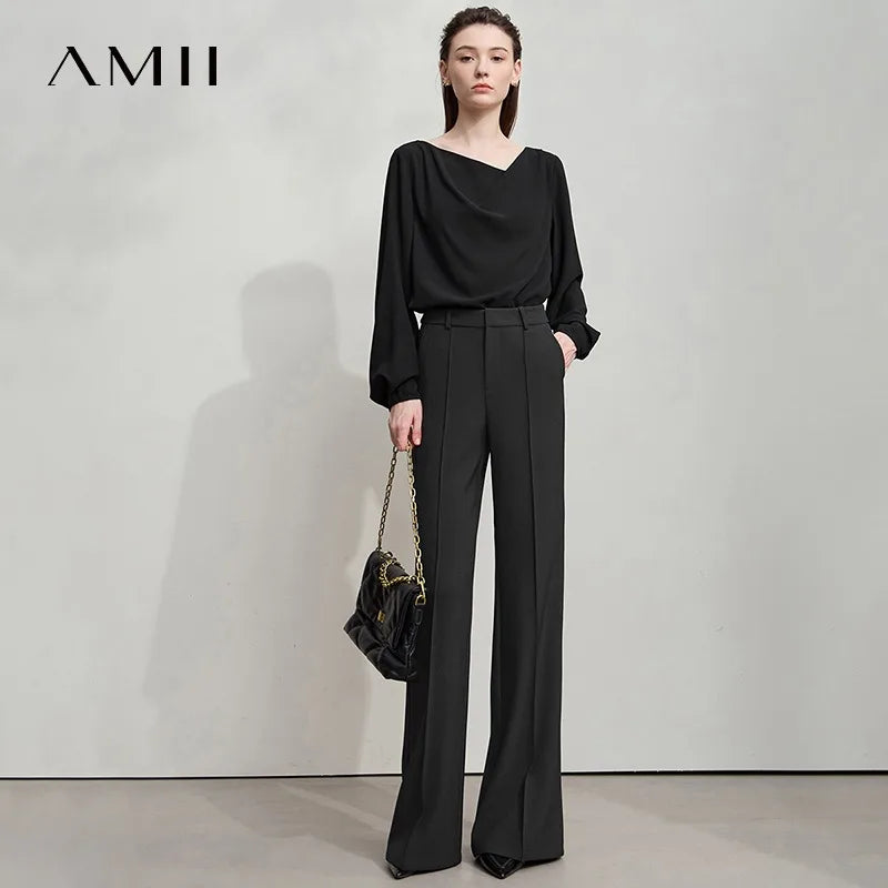 AMII Minimalist Women Casual Pants 2025 Autumn Fashion Black Wide Leg Pants Anti Wrinkle Loose Trousers Women's Clothes 12523100