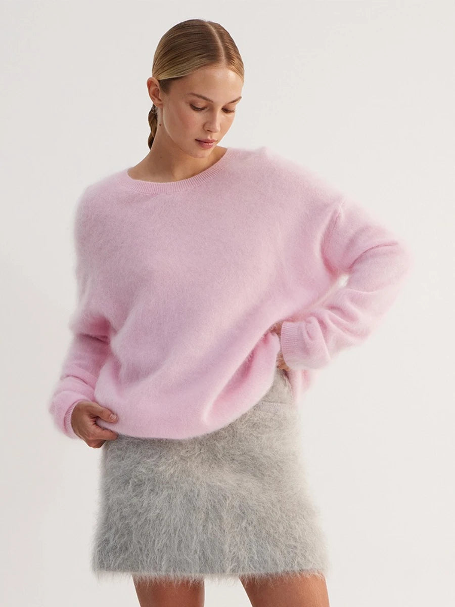 Blubelle Women's Autumn Winter Solid Color Knit Sweater O-Neck Long Sleeve Loose Fit Casual Relaxed Fashion Pullovers