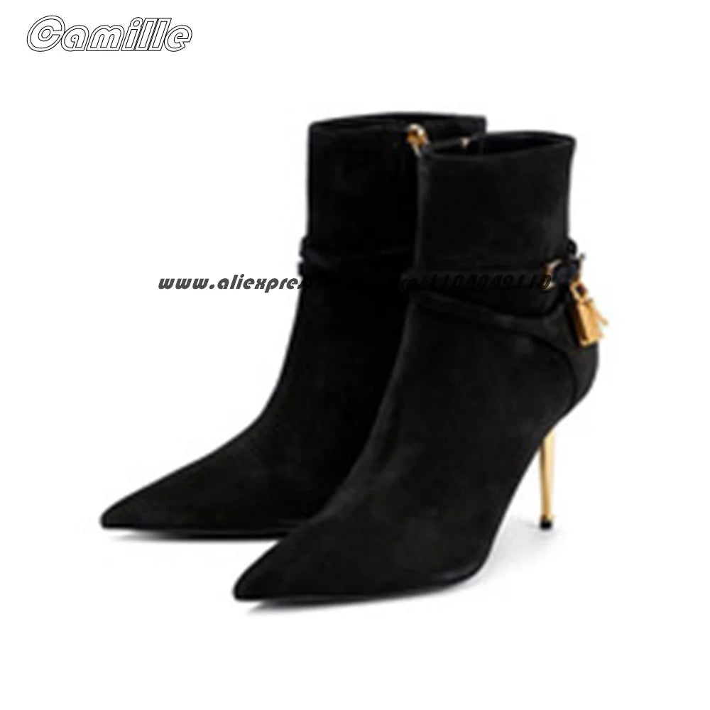 Black Metal Heel With Lock Office Lady High Heel Boots Pointed Toe Sexy Ankle Boots Size 35-43 Side Zipper All-Match Lady Boots