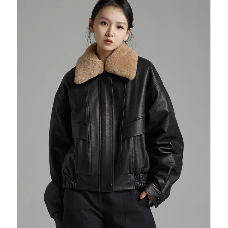 KMETRAM Natural Sheepskin Genuine Leather Jacket Women with Merino Detachable Collar 2025 Autumn Short New Outerwears ropa mujer