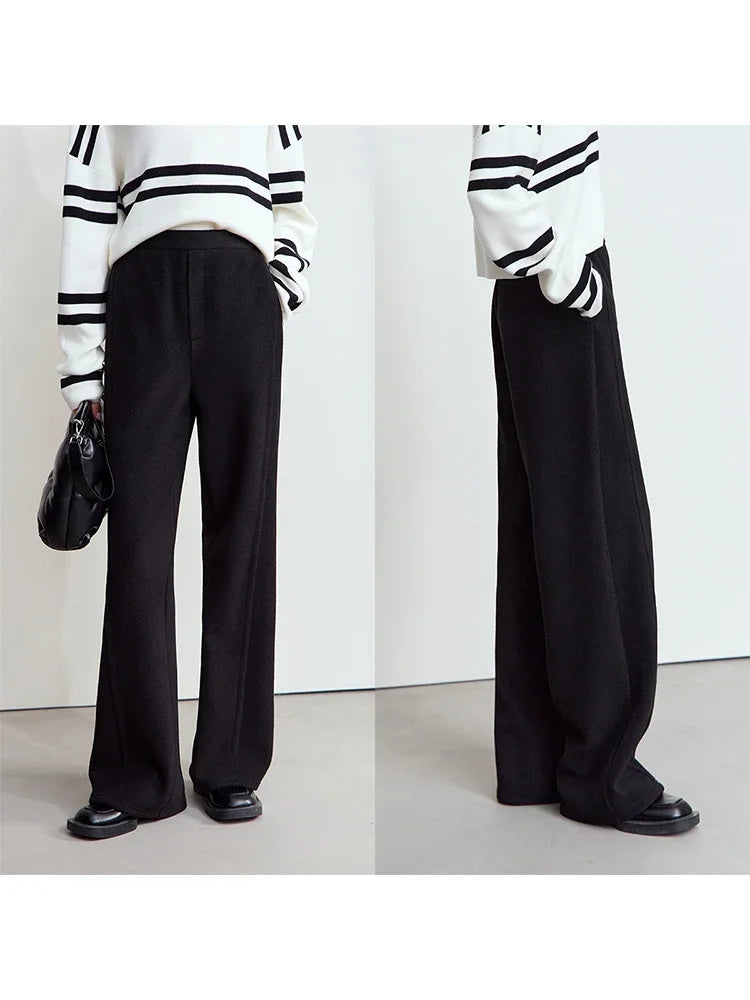 AMII Minimalist False Placket Rear Rubber Band Waist Casual Trousers 2024 Winter Women's Suede Wide-leg Trousers Pants 12444074