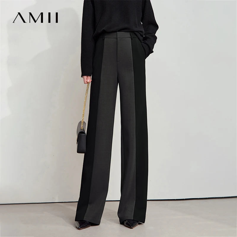 AMII 2025 New Arrival Elegant Office Lady Pants Minimalist Easy-care Anti-wrinkle Casual Simple Color Blocking Trouser 12543101