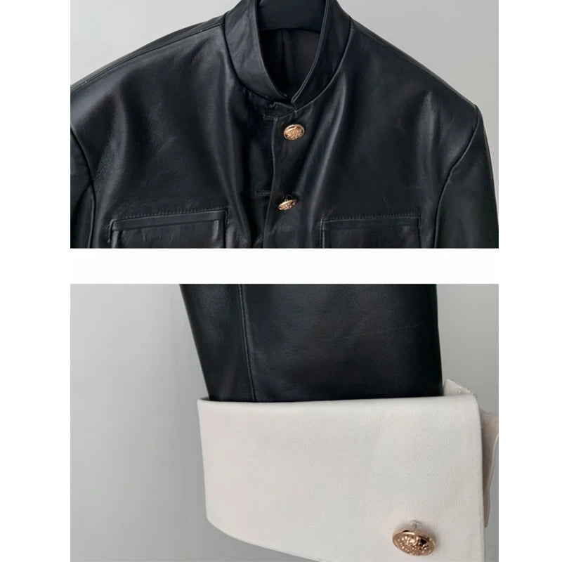 Fashion Short Stand Collar Sheepskin Jacket 2025 Fall Women Cuff Stitching Color Single Breasted Real Leather Coats Streetwear