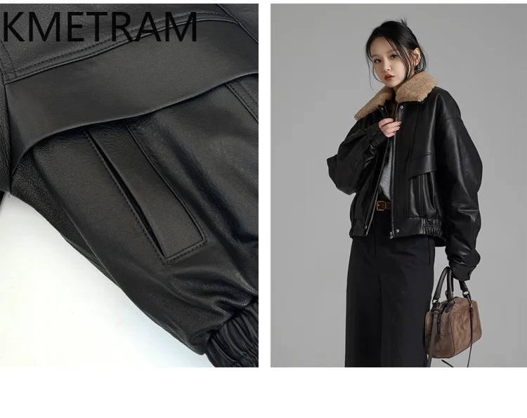 KMETRAM Natural Sheepskin Genuine Leather Jacket Women with Merino Detachable Collar 2025 Autumn Short New Outerwears ropa mujer