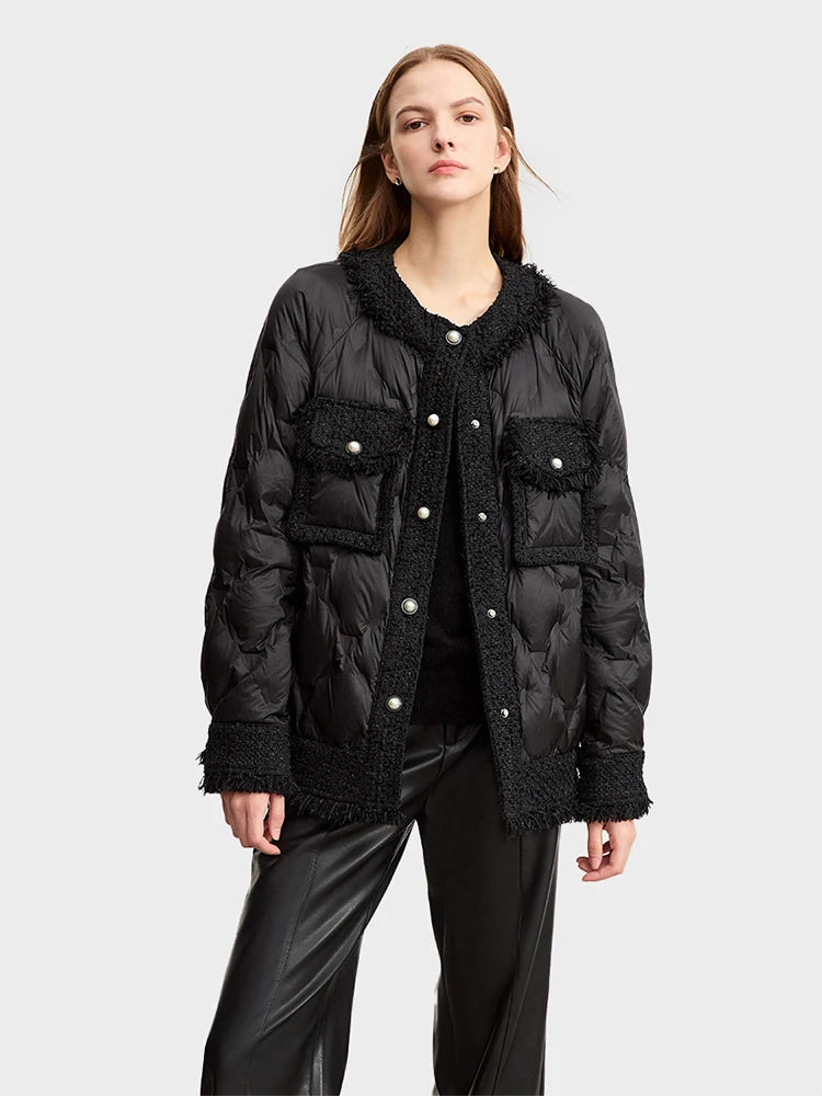 AMII Minimalist Down Puffer Coat For Women Small Fragrance Tweed Jacket 2025 Winter New Spliced Round Neck Pearl Buckle 12344059