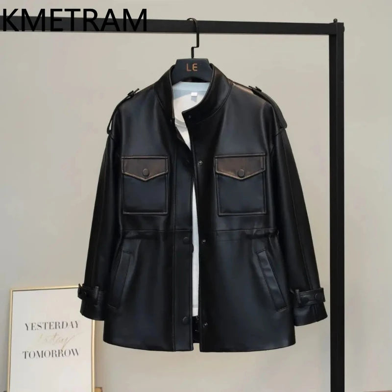 100% Real Sheepskin Jacket Woman Black Stand Collar Genuine Leather Jackets Women New in Outerwears Fall Clothes 2025 Chaquetas