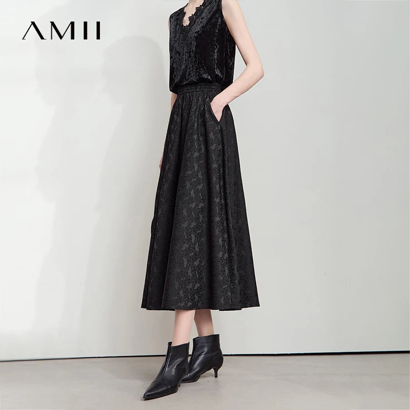 AMII Minimalism 2025 Autumn Black A-line Women Skirt Luxury Style Lace Elegant Elastic Waistband Offcial Lady Skirts 12523037