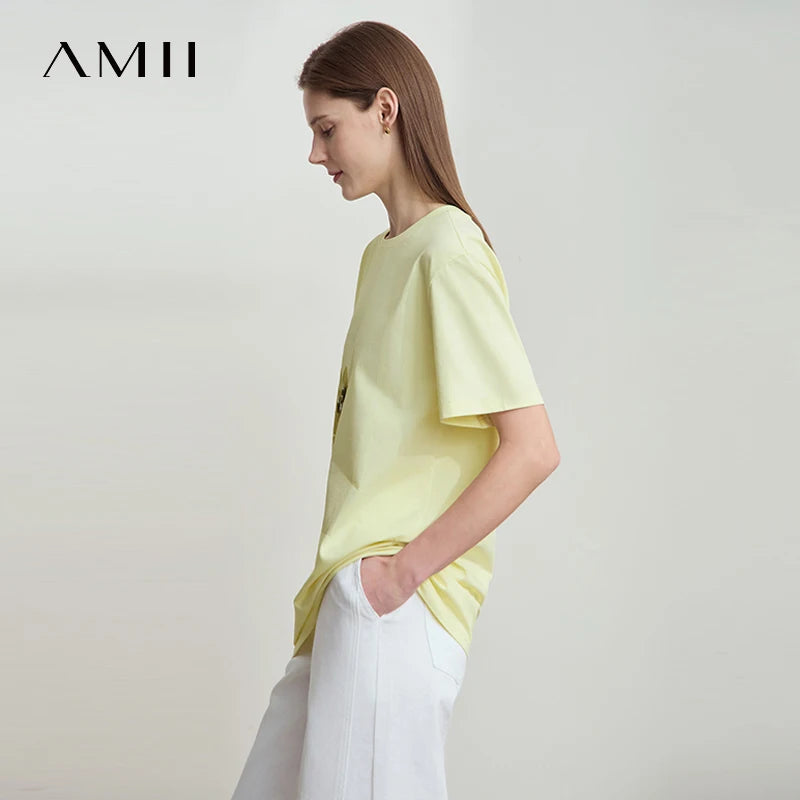 Amii Women's T-Shirt Minimalist New O-Neck Drop Shoulder Short Sleeve Rose Silhouette Print Sequin Embellishment Top 12512002