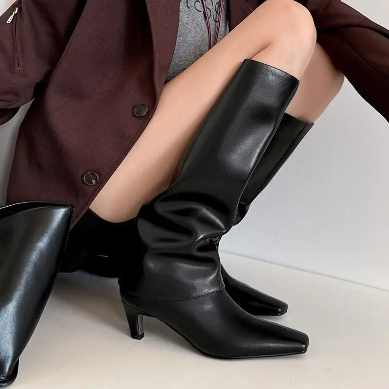 Dilalula 2026 Real Sheepskin Women Knee High Boots Fashion High Heels Street Boots Lady Autumn Winter Turned Over Edge Boots