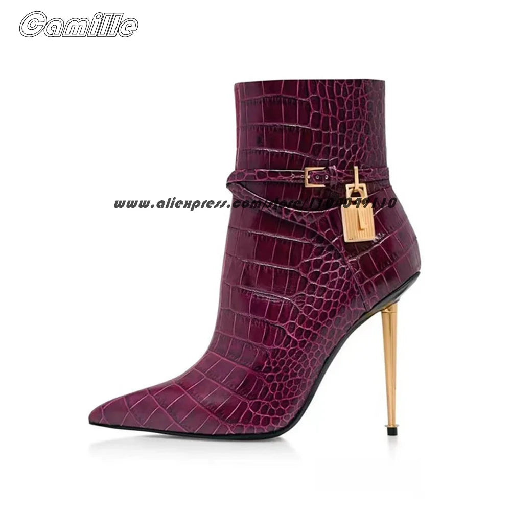 Black Metal Heel With Lock Office Lady High Heel Boots Pointed Toe Sexy Ankle Boots Size 35-43 Side Zipper All-Match Lady Boots