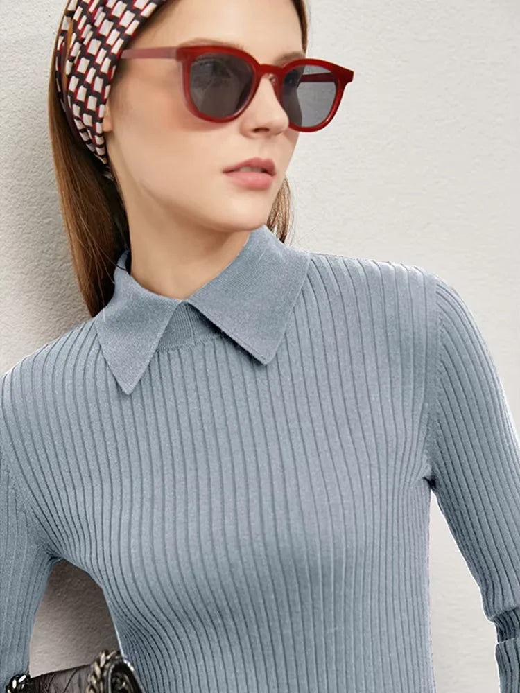Amii Minimalism Women's Sweaters Fashion Polo Collar Wool Pullover Long Sleeve Knitted Tops Office Lady Spring Sweater 12130297