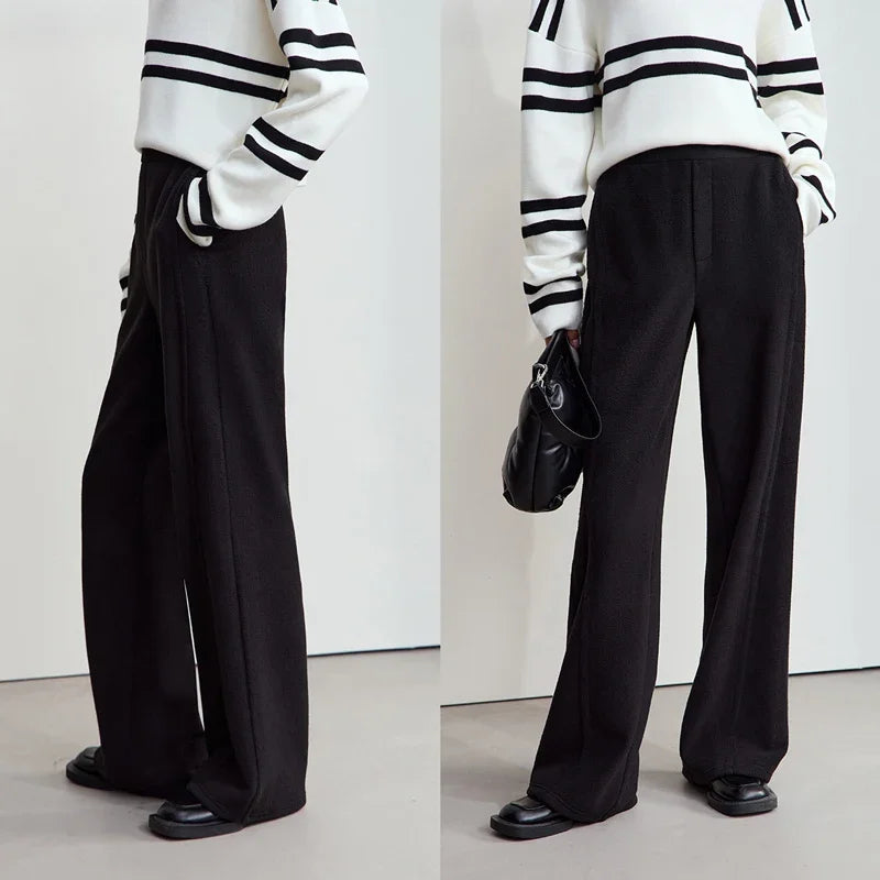 AMII Minimalist False Placket Rear Rubber Band Waist Casual Trousers 2024 Winter Women's Suede Wide-leg Trousers Pants 12444074