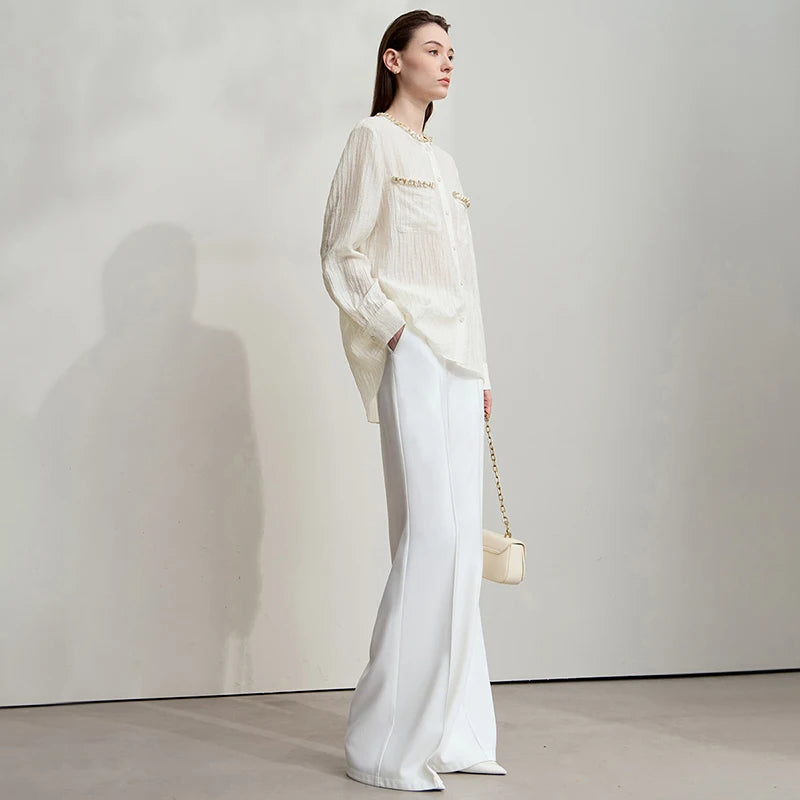 AMII Women's Shirt 2025 Autumn New Elegant Versatile Women's Blouse Pockets O-Neck Loose Long Sleeves Casual Ladies Tops12543146