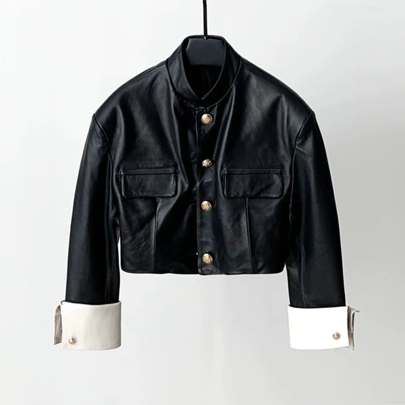Fashion Short Stand Collar Sheepskin Jacket 2025 Fall Women Cuff Stitching Color Single Breasted Real Leather Coats Streetwear
