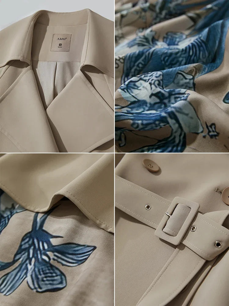 Amii Minimalist Spring Women's Clothing Long Belt Loose Printing Trench Coat Splicing Fashion Elegant Commuter Jacket 12551006