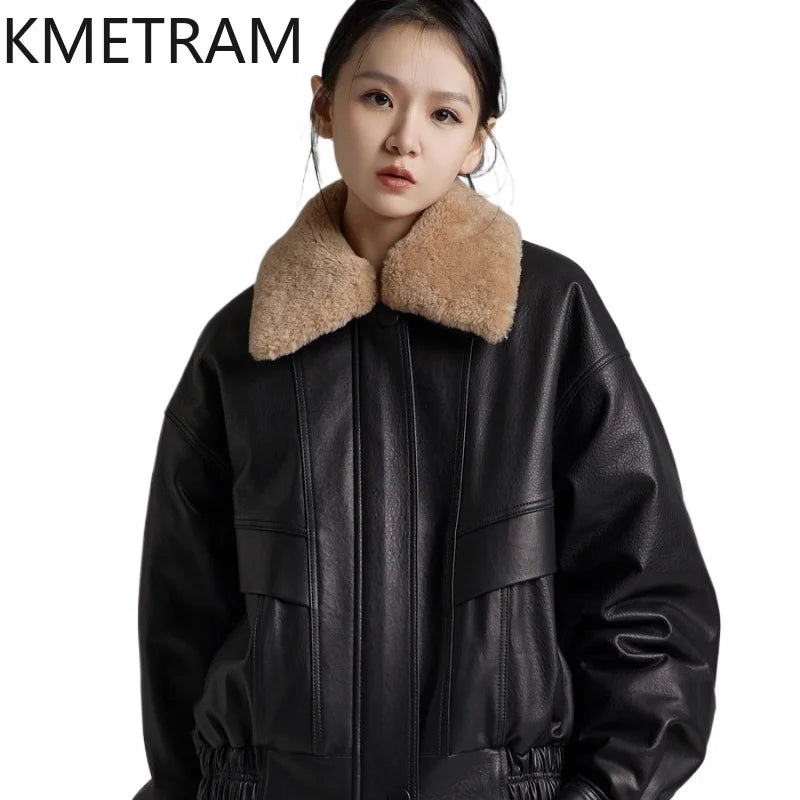 KMETRAM Natural Sheepskin Genuine Leather Jacket Women with Merino Detachable Collar 2025 Autumn Short New Outerwears ropa mujer