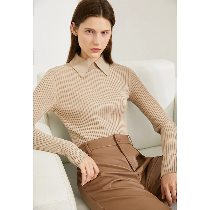 Amii Minimalism Women's Sweaters Fashion Polo Collar Wool Pullover Long Sleeve Knitted Tops Office Lady Spring Sweater 12130297