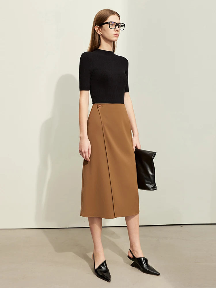 AMII Minimalism Women Skirts 2024 Spring New Asymmetric Lap Piece A-line Solid Trendy Commuter Mid-Calf Skirt For Lady 12421040