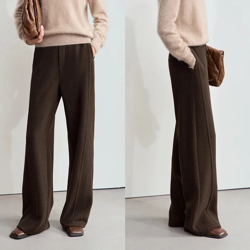 AMII Minimalist False Placket Rear Rubber Band Waist Casual Trousers 2024 Winter Women's Suede Wide-leg Trousers Pants 12444074