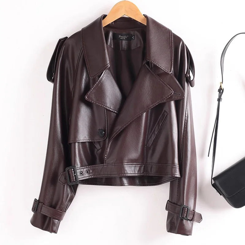 New Women Split Leather Moto Biker Jacket Spring Autumn Fashion Vintage Design Loose Short Coat Casual Leather Outerwear Female