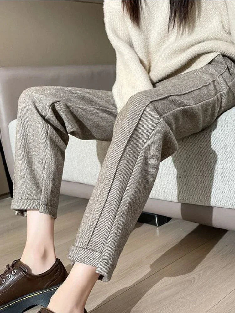 High-waisted Tweed Straight Pants 2025 Autumn/Winter New Women' S Pants Loose Casual Herringbone Warm Thickened Cropped Pants
