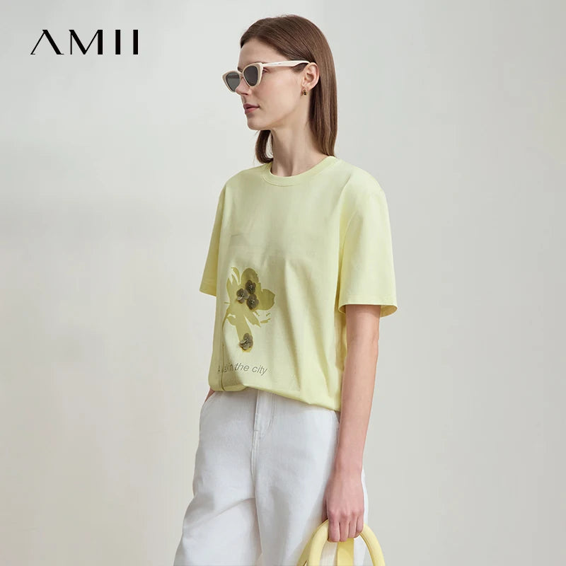 Amii Women's T-Shirt Minimalist New O-Neck Drop Shoulder Short Sleeve Rose Silhouette Print Sequin Embellishment Top 12512002