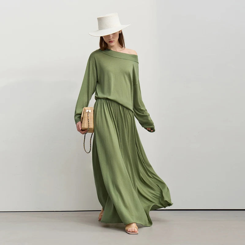 Amii Minimalist Long Skirt 2026 Spring New Solid Color Loose Skirts For Women Elastic Waist A-Line Knit Woman Clothes 12651010