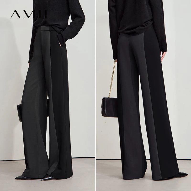 AMII 2025 New Arrival Elegant Office Lady Pants Minimalist Easy-care Anti-wrinkle Casual Simple Color Blocking Trouser 12543101