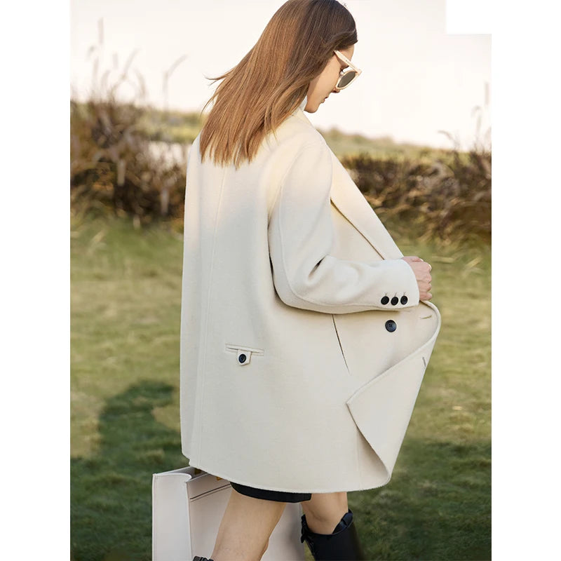 AMII Minimalist Woolen Coat for Women 2024 Winter New Mid-long Loose Office Lady Blends Turn-down Collar Casual Jackets 12324024