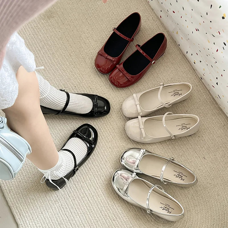 Spring Autumn Wine Red Mary Jane Shoes For Women Low Heel  Fashion Butterfly-knot Roud Toe Female Eelgant Dress Leather Shoes