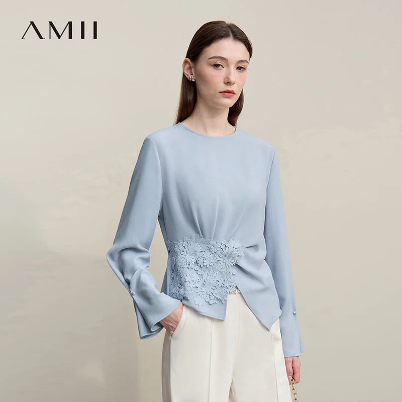 Amii Women's Blouse 2026 Spring New Elegant Commuter Crew Neck Lace Chiffon Women's Shirt Loose Versatile Elegant Top 12681001