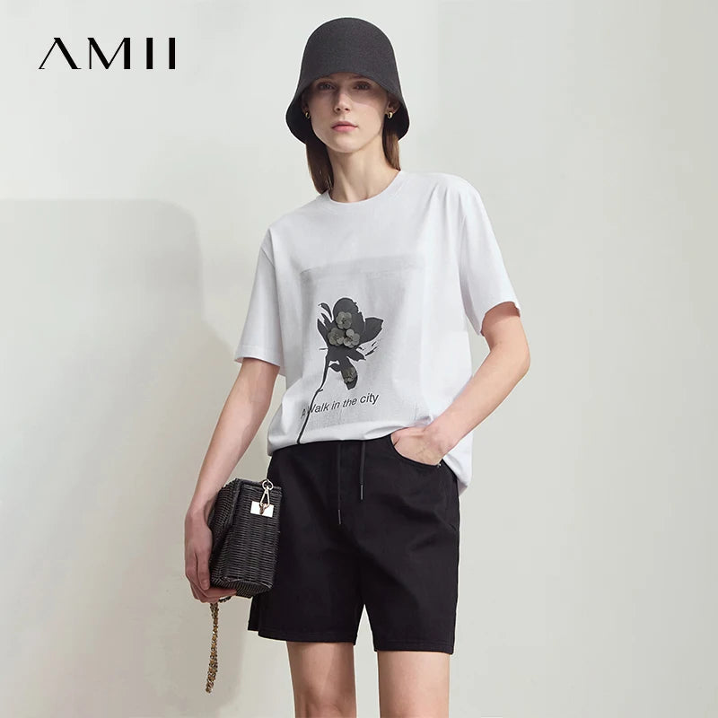 Amii Women's T-Shirt Minimalist New O-Neck Drop Shoulder Short Sleeve Rose Silhouette Print Sequin Embellishment Top 12512002