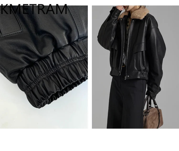 KMETRAM Natural Sheepskin Genuine Leather Jacket Women with Merino Detachable Collar 2025 Autumn Short New Outerwears ropa mujer
