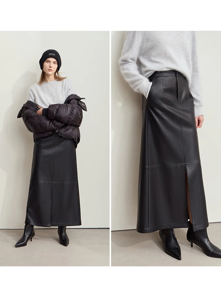 AMII Minimalist Women's Retro Leather Skirts Eco-friendly PU Split A-line Female 2024 Winter Simple Commuter Clothing 12444182
