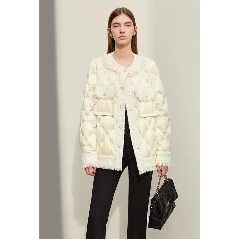 AMII Minimalist Down Puffer Coat For Women Small Fragrance Tweed Jacket 2025 Winter New Spliced Round Neck Pearl Buckle 12344059