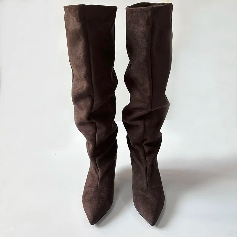 2026 New Fashion Pleated Footwear With Low Heel Shoes Women Knee High Boots Female Pointed Toe Ladies Long Booties Slip On Shoes