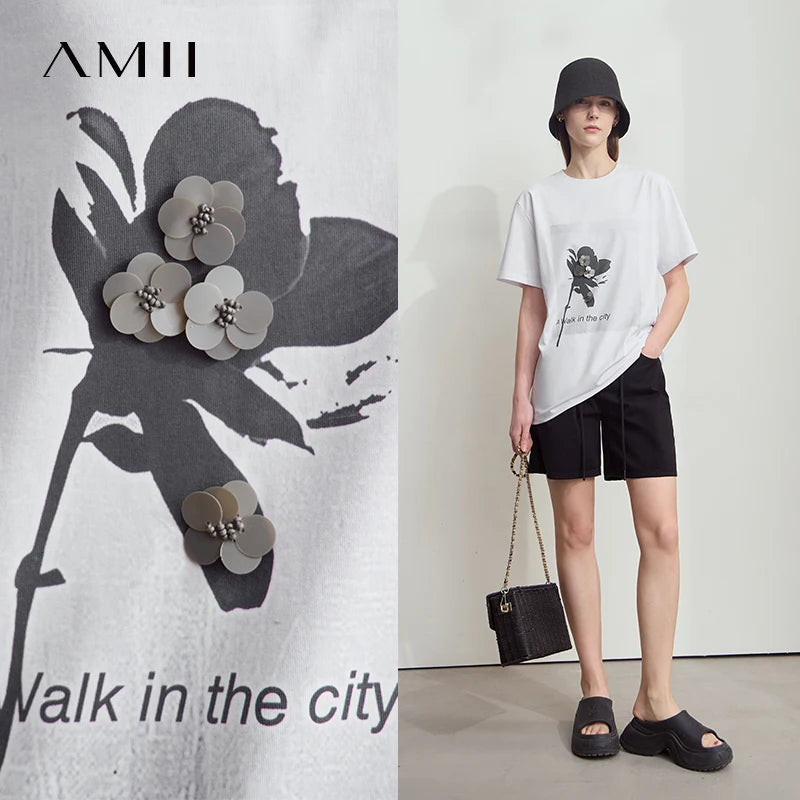 Amii Women's T-Shirt Minimalist New O-Neck Drop Shoulder Short Sleeve Rose Silhouette Print Sequin Embellishment Top 12512002
