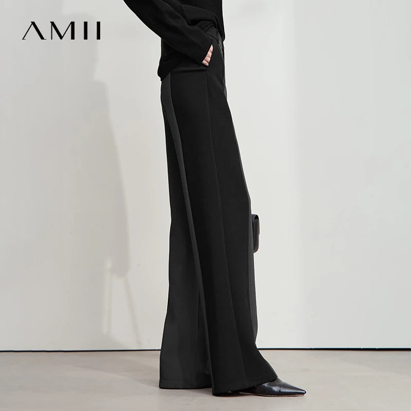 AMII 2025 New Arrival Elegant Office Lady Pants Minimalist Easy-care Anti-wrinkle Casual Simple Color Blocking Trouser 12543101