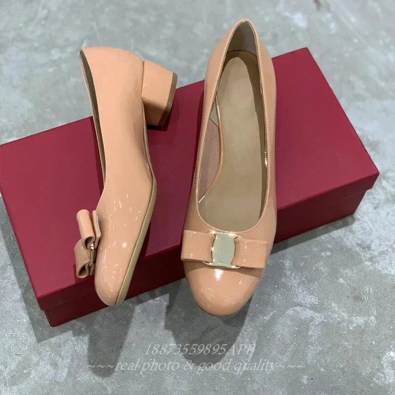 2025 FANGXITING Women's Bow Leather Shiny Leather Block Heels Classic Brand High Quality 100% Handmade Flats