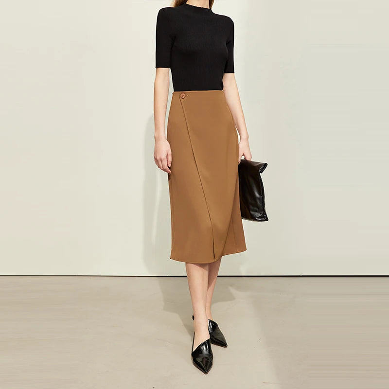 AMII Minimalism Women Skirts 2024 Spring New Asymmetric Lap Piece A-line Solid Trendy Commuter Mid-Calf Skirt For Lady 12421040